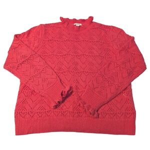 Sundance Womens XL Coral Red Pointelle Knit‎ Ruffle Mock Neck Wool Blend Sweater